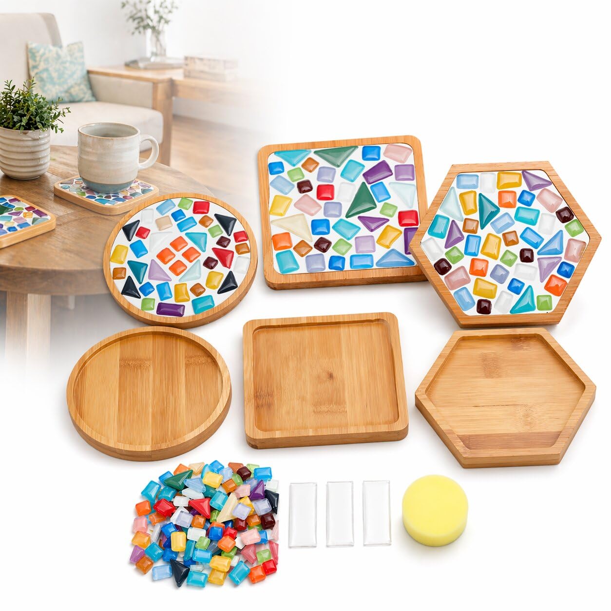 JERN 3 Sets Glass Tile Mosaic Kit, Mosaic Coaster Kit Glass Mosaic